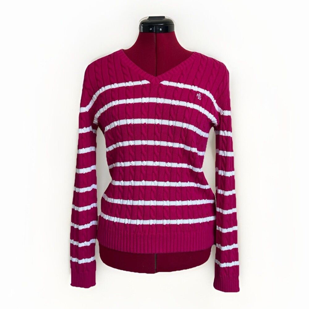 Vintage LRL Ralph Lauren Cable Knit Monogram Sweater Women Sz M‎ Y2K Preppy